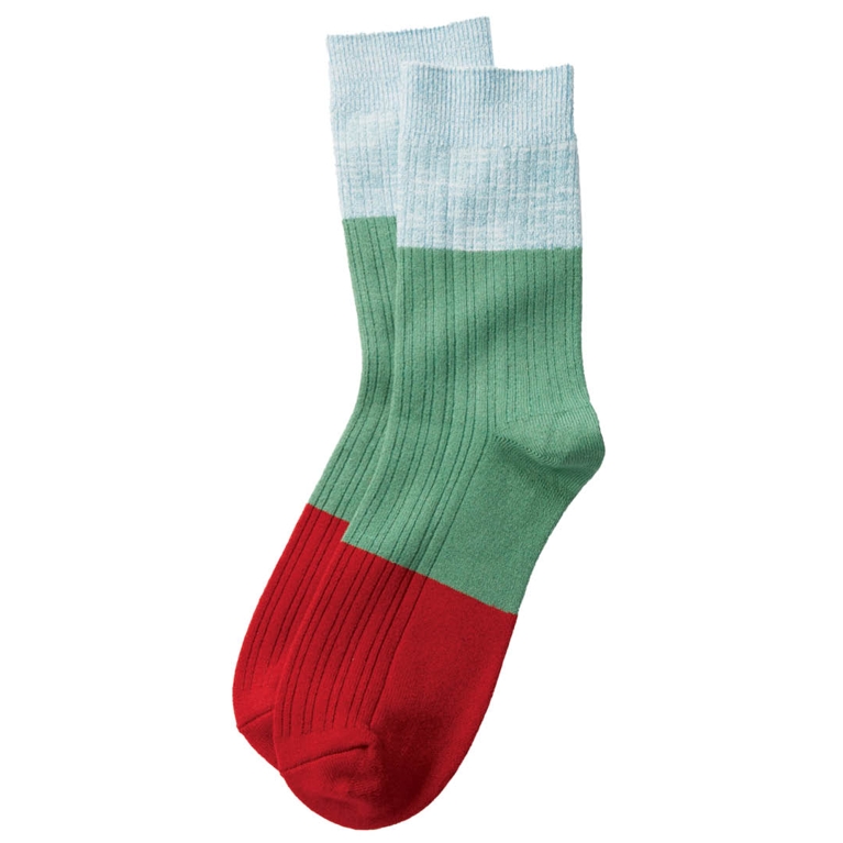 A pair of red, green and blue colour-blocked socks from Beck Sondergaard for an article about what to do in Copenhagen.