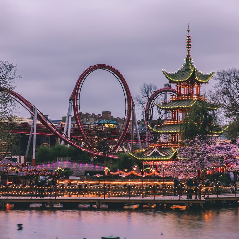 A photo of Tivoli Gardens at dusk for an article about what to do in Copenhagen