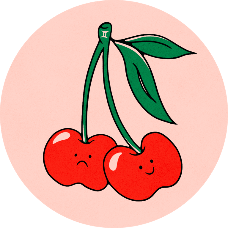 An illustration of a pair of cherries to denote the Gemini sign, used in a 2026 horoscopes post.
