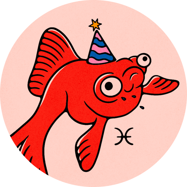 An illustration of a fish wearing a birthday hat to denote the Pisces sign, used in a 2026 horoscopes post.