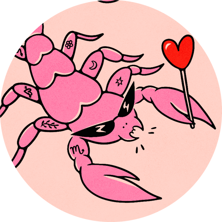 An illustration of a crab to denote the Scorpio sign, used in a 2026 horoscopes post.