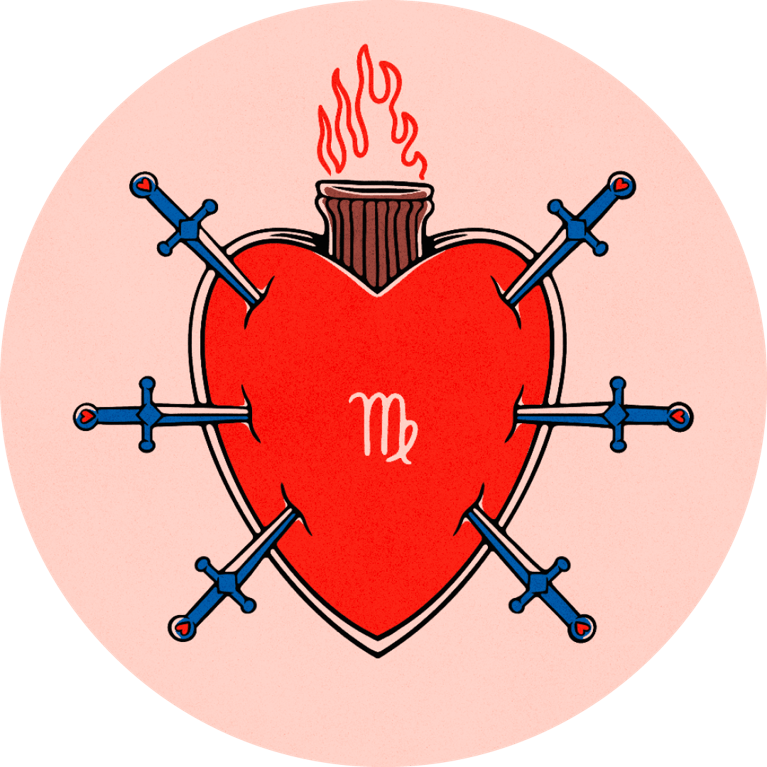 An illustration of a heart with daggers in it to denote the Virgo sign, used in a 2026 horoscopes post.