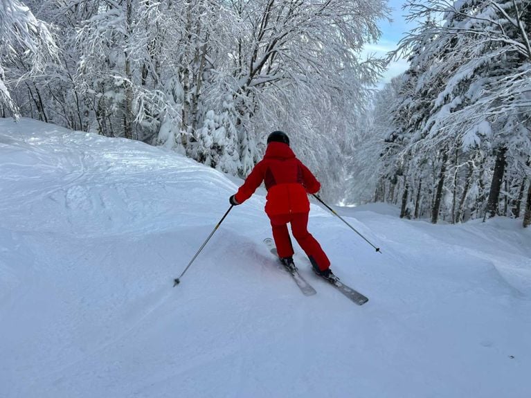 A skier wearing a full red ski suit and black helmet skis away from the camera down a snowy slope lined with trees heavily coated in snow.