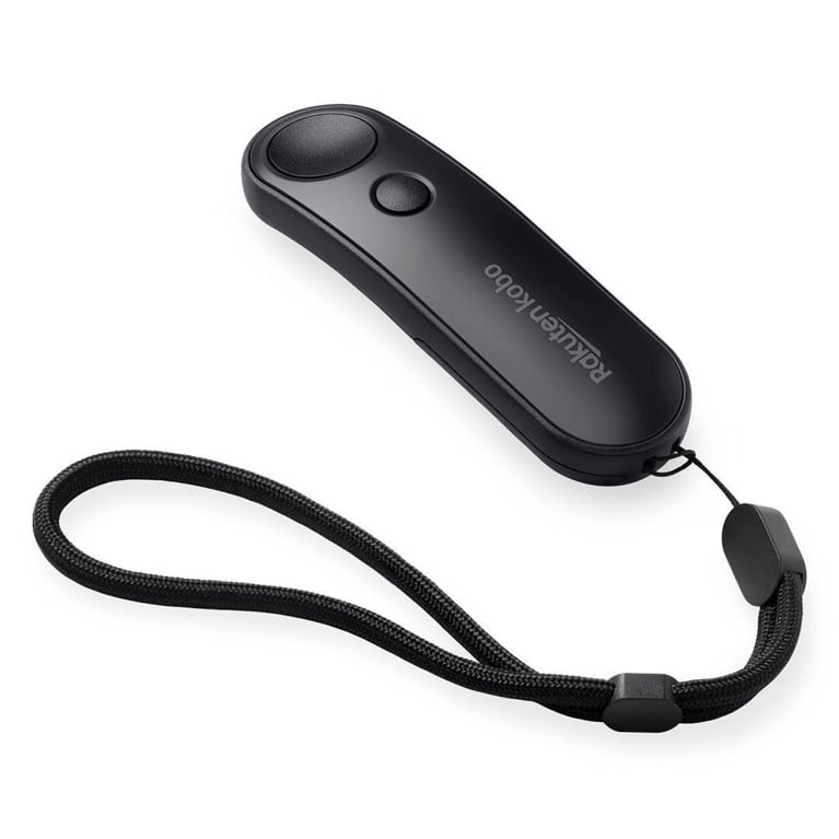 A close-up of the black Rakuten Kobo page-turner remote with an attached wrist strap, displayed against a plain white background.
