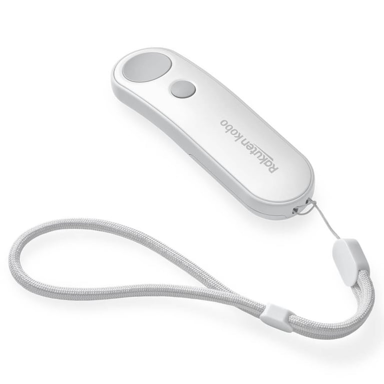 A close-up of the white Rakuten Kobo page-turner remote with an attached wrist strap, displayed against a plain white background.