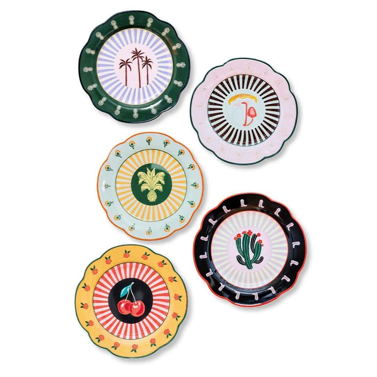 A grouping of five whimsical Mandy's Salads plates.