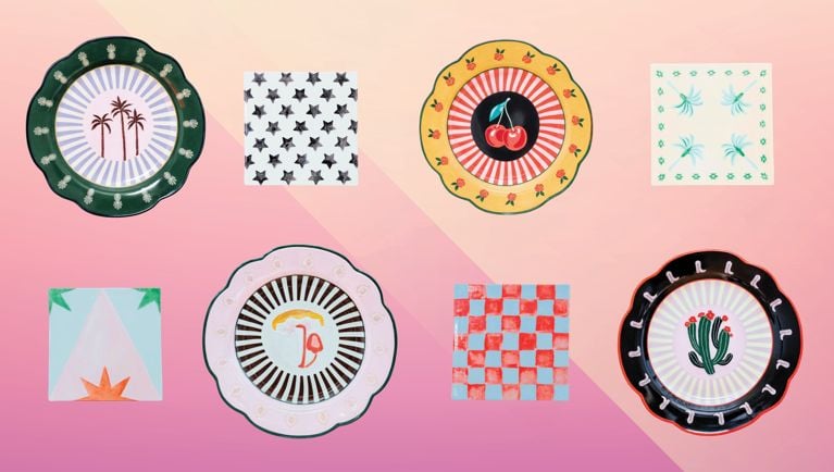 A grouping of five whimsical Mandy's Salads plates.