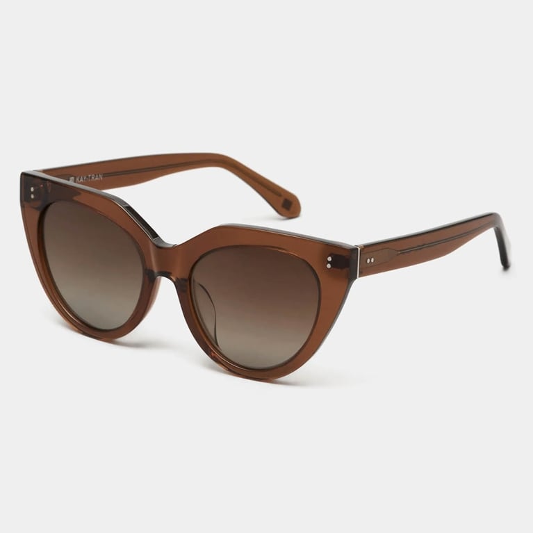 Photo of a pair of brown framed sunglasses.