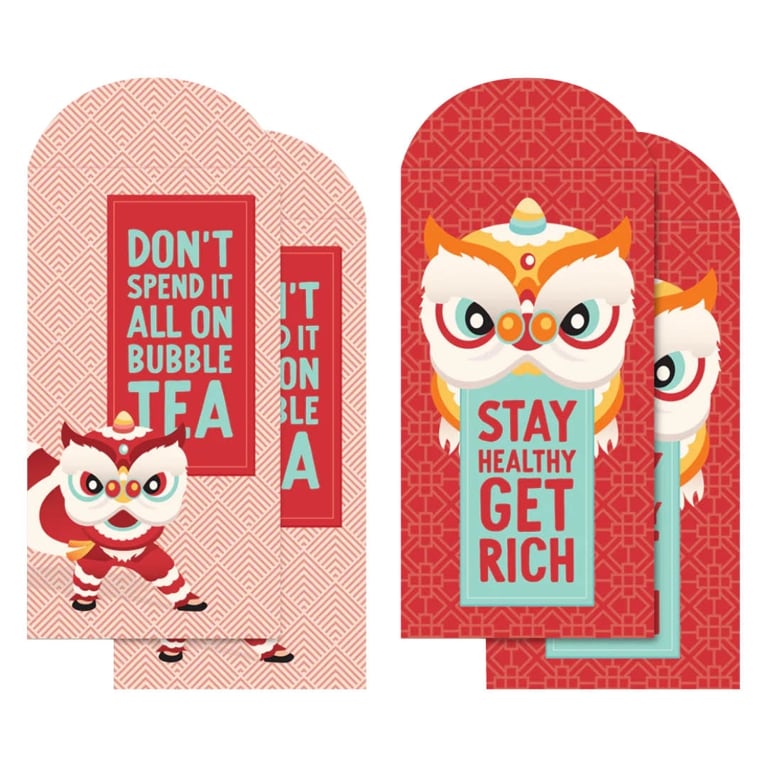 Photo of two pairs of red pockets for Lunar New Year.