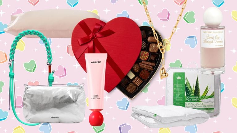 A collage of Valentine's Day gift ideas on a pink background with colourful hearts for an article about what our editors want for Valentine's Day.