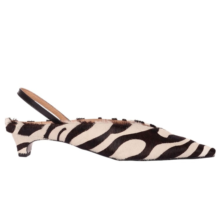 A zebra print Maguire slingback mule for an article about the best fashion trends of 2026.