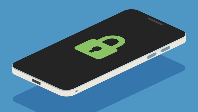 An illustration of a phone with a green lock on its screen, on a blue background, for a story about protecting your iPhone from theft while travelling.