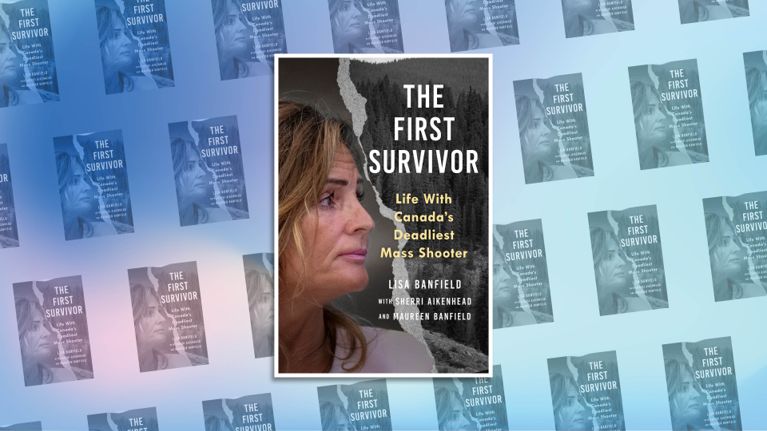 A collage image of the cover of Lisa Banfield’s book, The First Survivor.