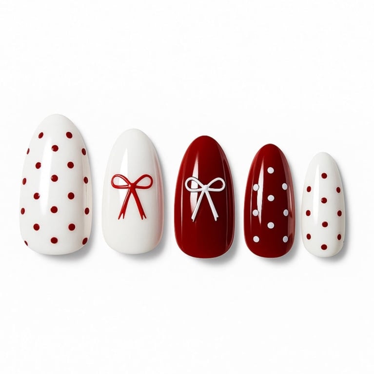 A set of polka dot press-on nails from Facile in Ribonnette to illustrate the polka dot trend.