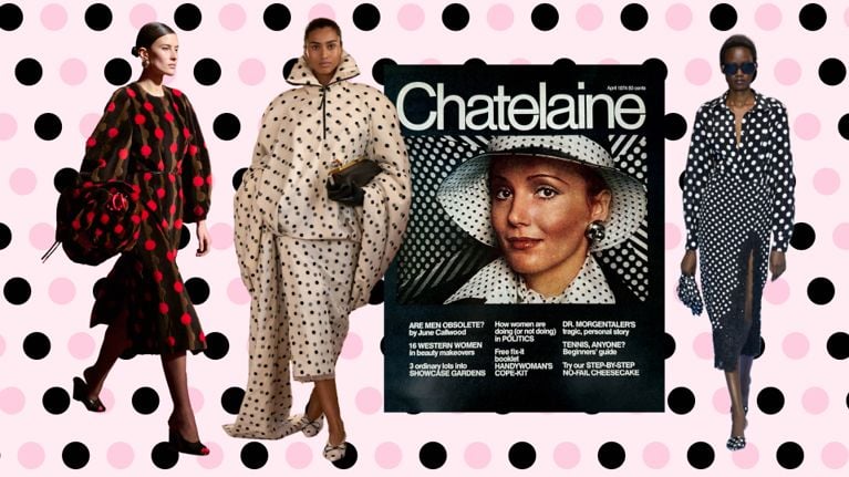 A model wearing a black and white polka dot satin scarf from Dynamite to illustrate the polka dot trend.