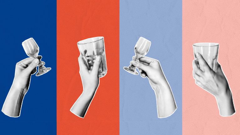 Four hands on coloured backgrounds holding drinks, for a story about post-pandemic drinking habits.