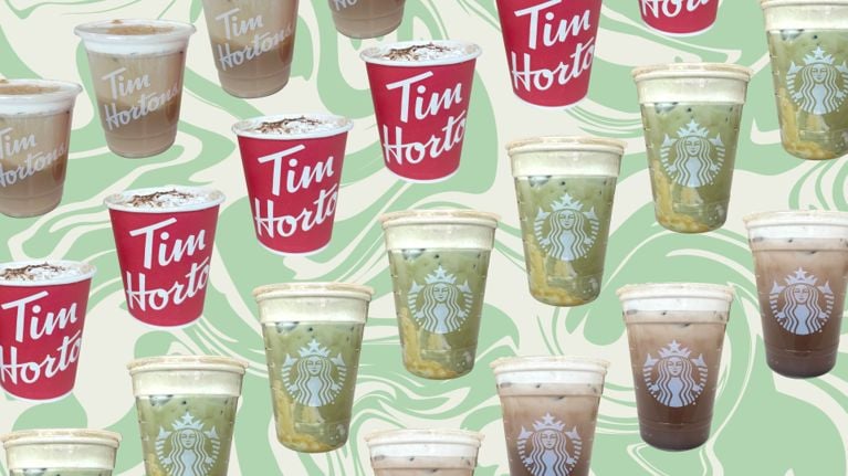 A repeating pattern of viral winter beverages. The selection features the new Tim Hortons chocolate pistachio lattes in red cups and Starbucks Dubai chocolate pistachio drinks, specifically the Iced Dubai Chocolate Matcha with chocolate cold foam and the Iced Dubai Chocolate Mocha, arranged on a retro green swirl background.