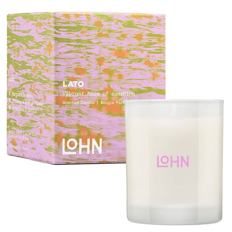 A Lohn Lato candle and colourful pink and green box for a round-up of Valentine's Day gift ideas.