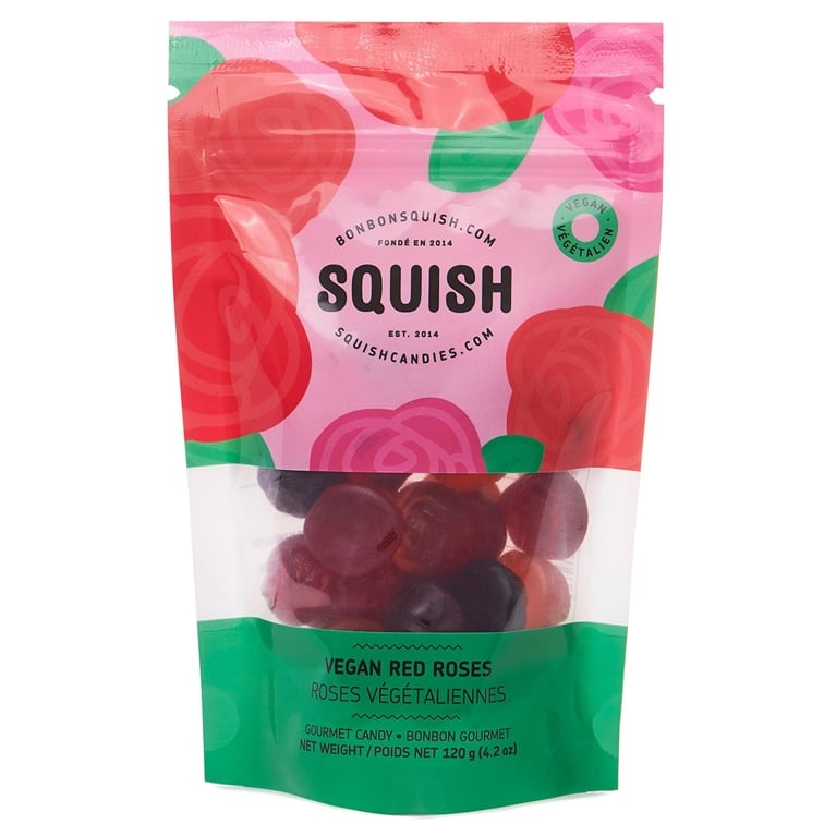A bag of Squish Vegan Red Roses Gummies for a round-up of Valentine's Day gift ideas.