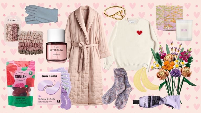 A selection of Valentine's Day gift ideas on a burgundy background.