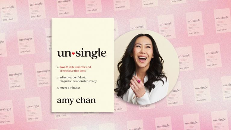 Book promotion for "un·single" by Amy Chan. The book cover lists three definitions: 1. how to date smarter and create love that lasts; 2. adjective: confident, magnetic, relationship-ready; 3. noun: a mindset. To the right, Amy Chan is pictured in a circular frame, laughing joyfully with long dark wavy hair and a pink ring. The entire assembly sits on a soft pink background patterned with tiled book covers.