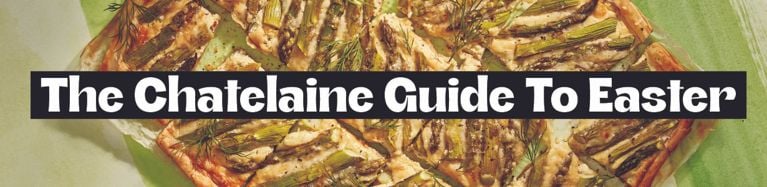 A culinary banner featuring a golden-brown puff pastry tart topped with roasted asparagus spears, fresh dill, and melted cheese. A central black horizontal bar contains the white text, "The Chatelaine Guide To Easter." The background has a soft green and cream textured aesthetic.