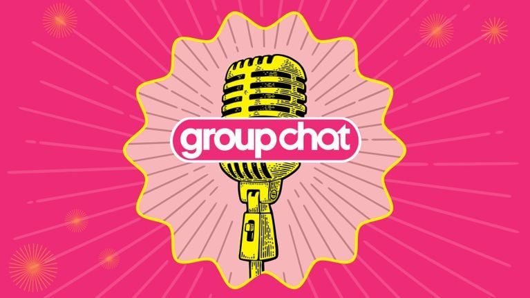 An illustration of a microphone on a pink background, with the logo for the Chatelaine podcast Group Chat