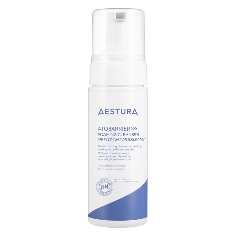 A bottle of Aestura Atobarrier365 Foaming Cleanser for and article about how to wash your face according to a dermatologist.