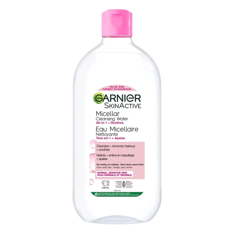 A bottle of Garnier SkinActive Micellar Cleasing Water for and article about how to wash your face according to a dermatologist.