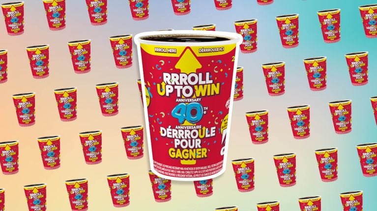 A collage of Tim Hortons Roll Up The Rim-branded cups for the 2026 contest.