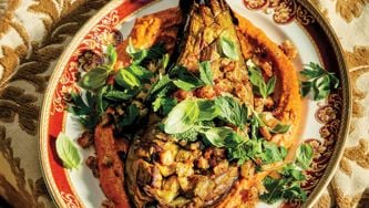 Christine Flynn’s Garlicky Eggplant With Sesame Romesco And Herbs