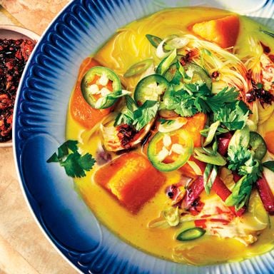 Christine Flynn’s Coconut Broth With Noodles, Sweet Potato And Leftover Protein