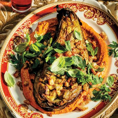 Christine Flynn’s Garlicky Eggplant With Sesame Romesco And Herbs