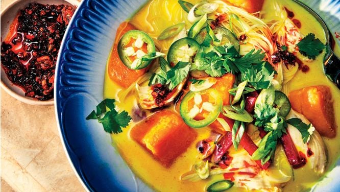 Christine Flynn’s Coconut Broth With Noodles, Sweet Potato And Leftover Protein
