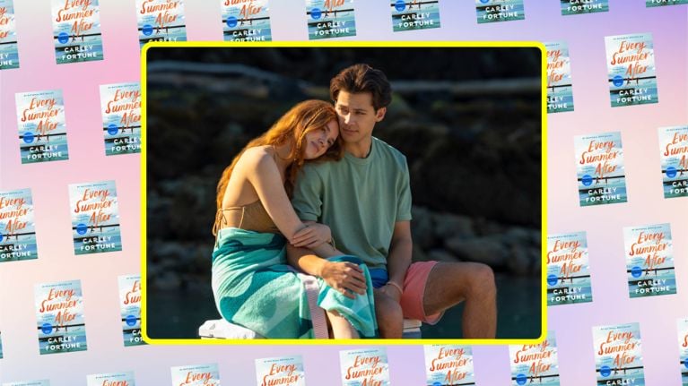 A photo of a young couple, with the woman's arms wrapped around the man's, in a post about Carley Fortune's Every Year After.