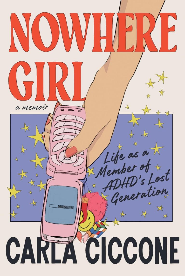 The cover of Nowhere Girl by Carla Ciccone, with an illustration of a hand holding a pink flip phone.