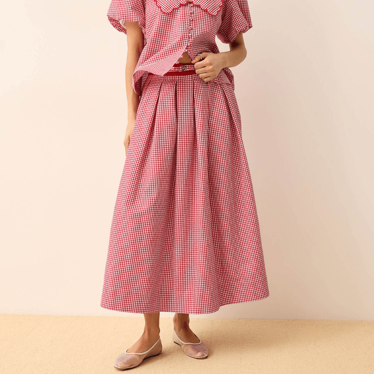 Canadian Midi Skirts: Simons Icône Belted Flared Gingham Seersucker Skirt