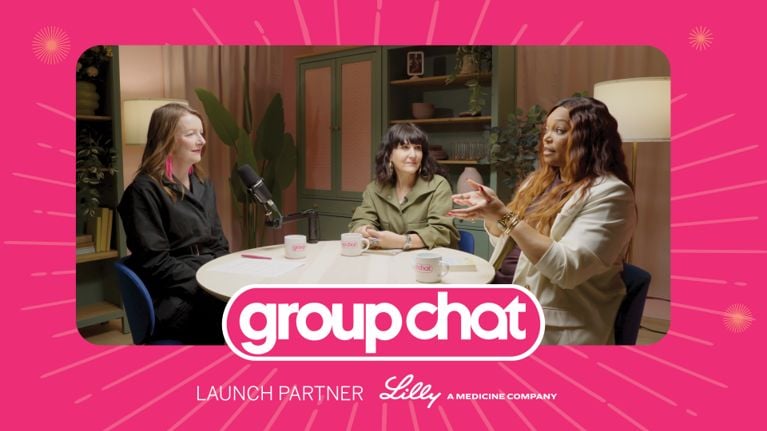 A photo of editor-in-chief Maureen Halushak, alongside Dr. Ali Zentner and Tracy Moore, for the Group Chat podcast by Chatelaine.
