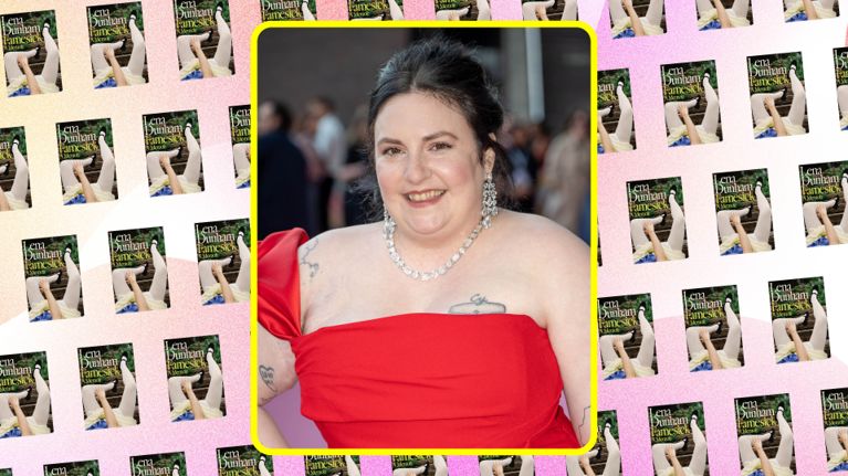 A photo of Lena Dunham alongside covers of her new memoir, Famesick.