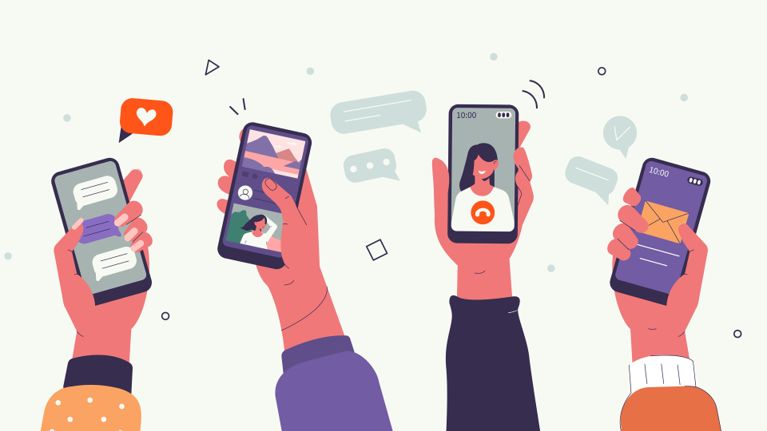 An illustration of kids’ hands holding phones with social media apps on them, for a story about Canadians feelings about social media and children.
