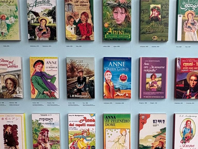 A wall with various covers of Anne of Green Gables translated editions, used in a post on what to do in Prince Edward Island.