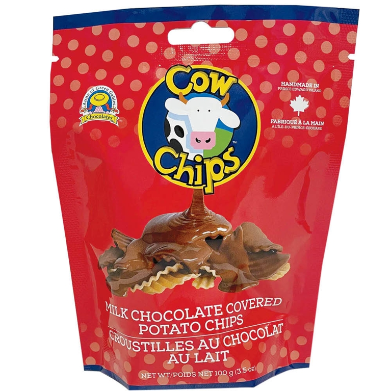 A red bag of Cow Chips chocolate-covered potato chips, used in a post on what to do in Prince Edward Island.