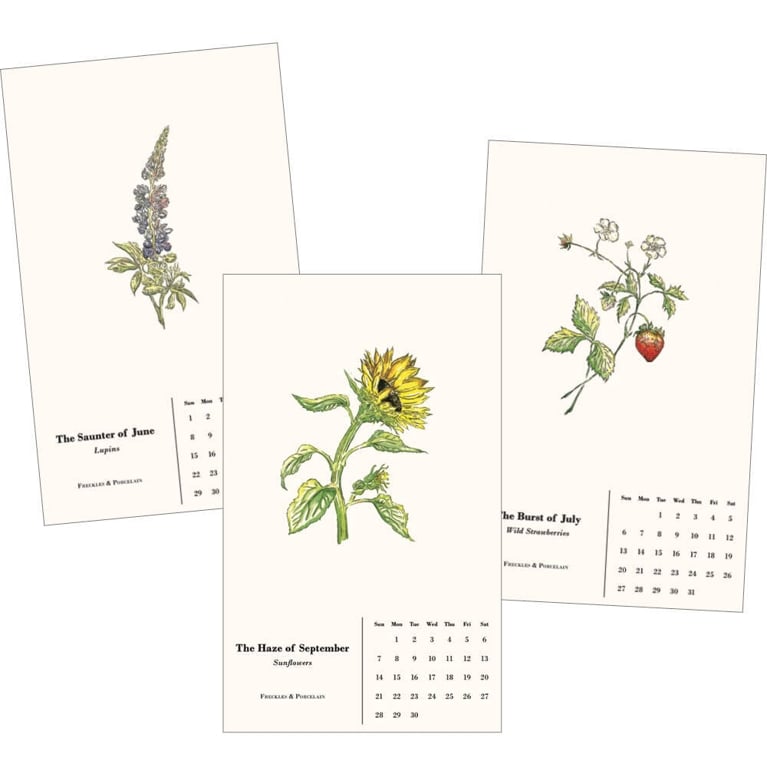 Three pages of an illustrated Freckles and Porcelain calendar featuring botanical prints, used in a post on what to do in Prince Edward Island.