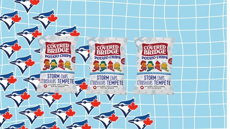 A collage of Blue Jays logos and Coverd Bridge potato chip bags on a blue background.