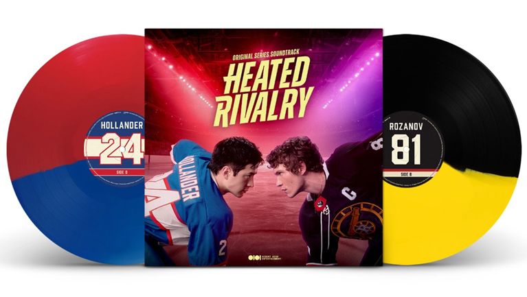 The album cover for the Heated Rivalry soundtrack, featuring two hockey players facing off.