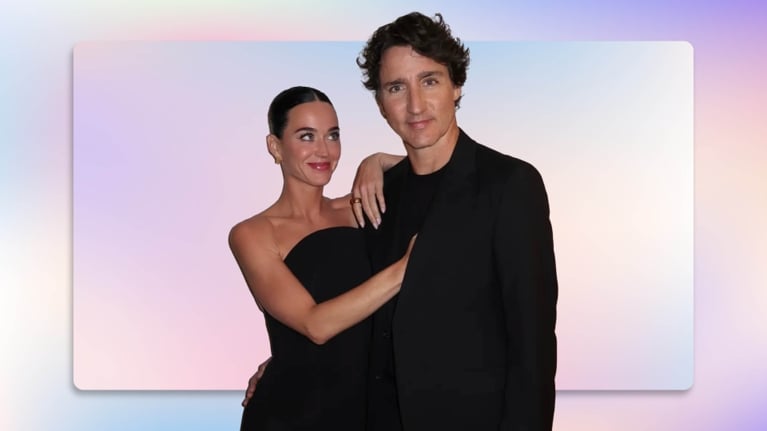 A photo of a man in a black suit and a woman in a strapless pink dress used in a post about Justin Trudeayu and Katy Perry instagram portrait.