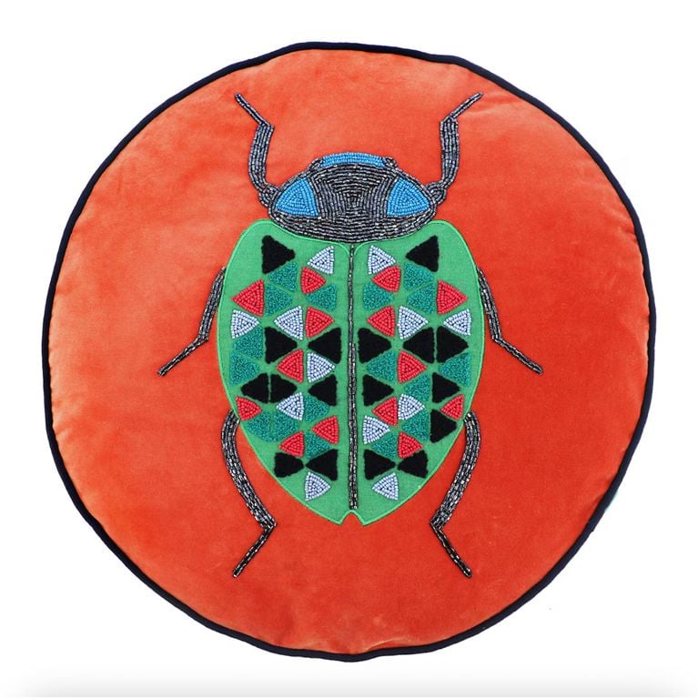A red throw cushion with a green beetle on it from the Michaels Jonathan Adler collection.
