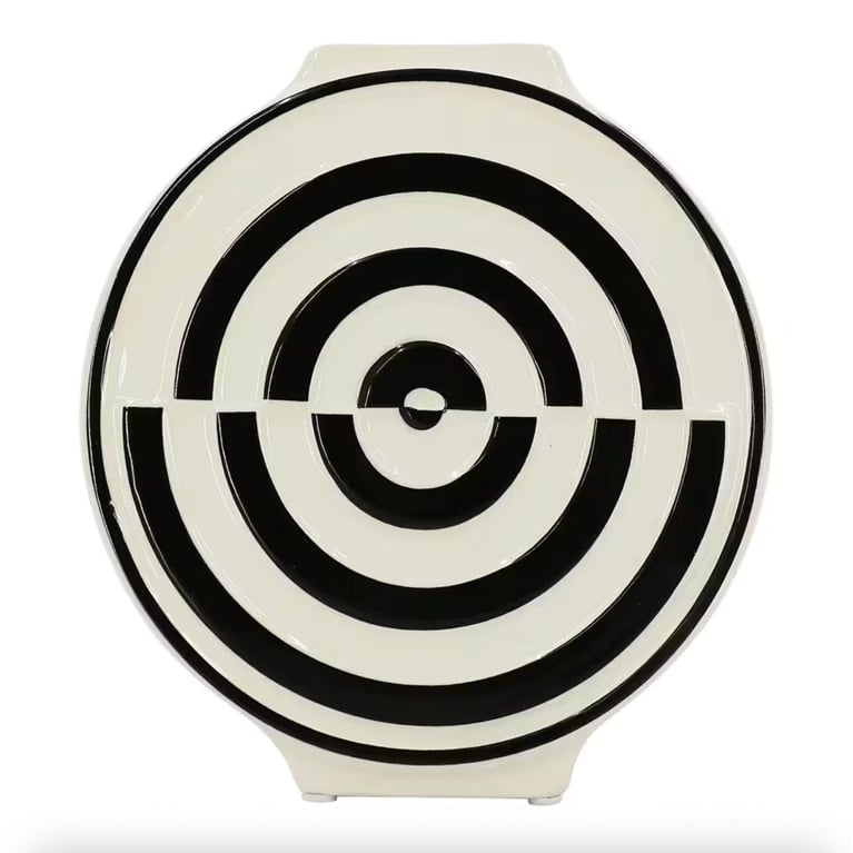 A black and white ceramic vase from the Michaels Jonathan Adler collection.