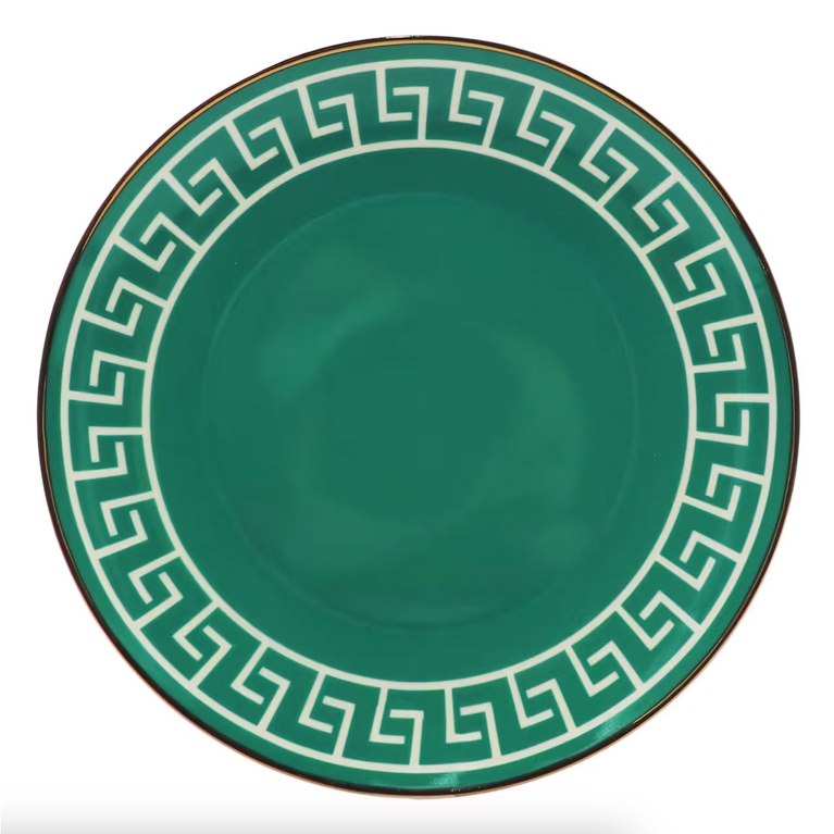 A deep green plate with a white border from the Michaels Jonathan Adler collection.