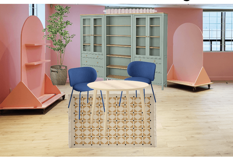 A mockup of the podcast studio using IKEA furniture.